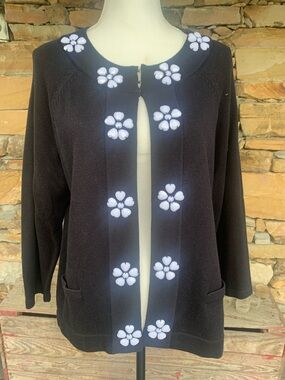 Investments Black Sweater with White Floral Appliqués